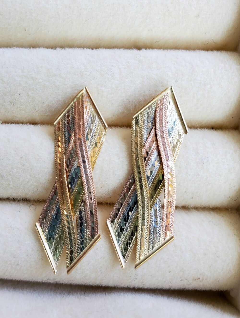 14K Solid Gold Tri-Tone Geometric Drop Earrings • 2.14g